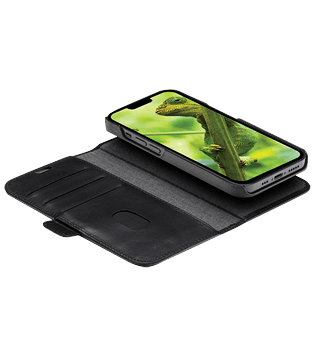 capa pele lynge iphone 14 pro e pro max preto deitada aberta  