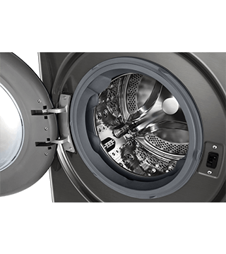 maquina lavar secar roupa lg f4dr7010sgs inox pormenor porta aberta perfil  