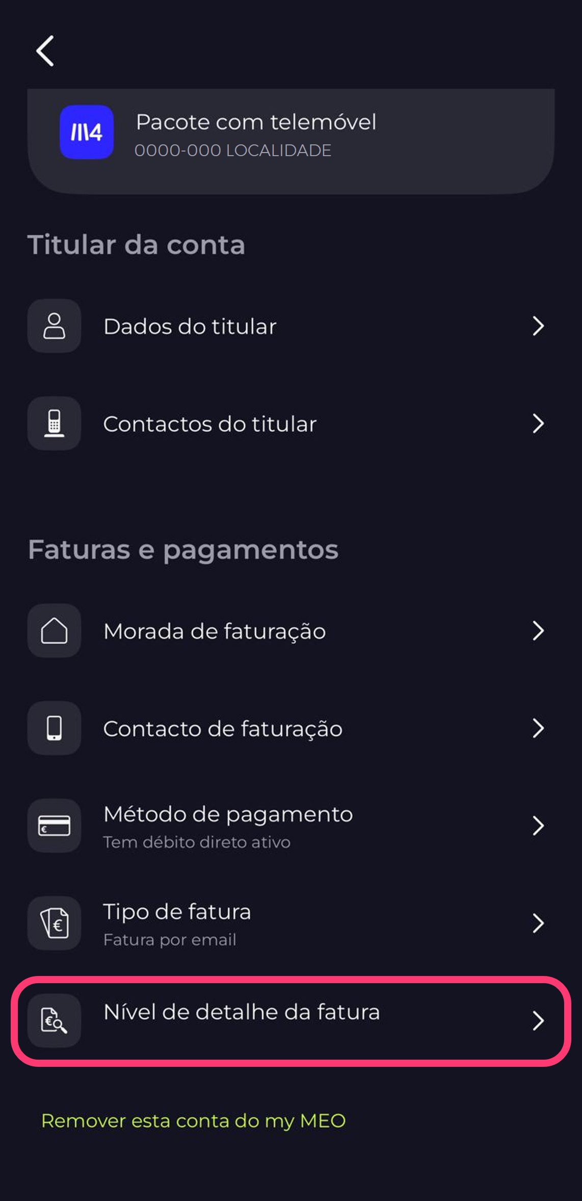 Print da app my MEO dentro da conta escolhida