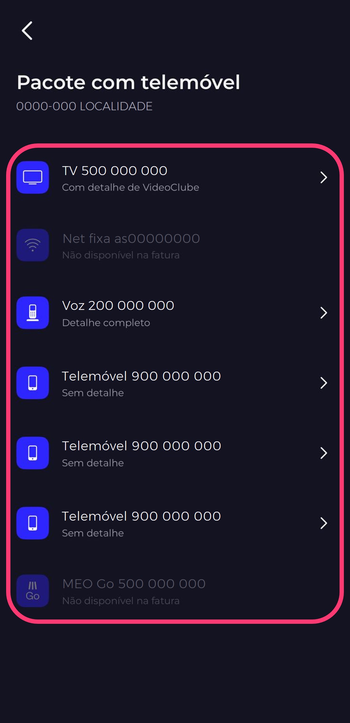 Print da app my MEO dentro do nível de detalhe da fatura do serviço