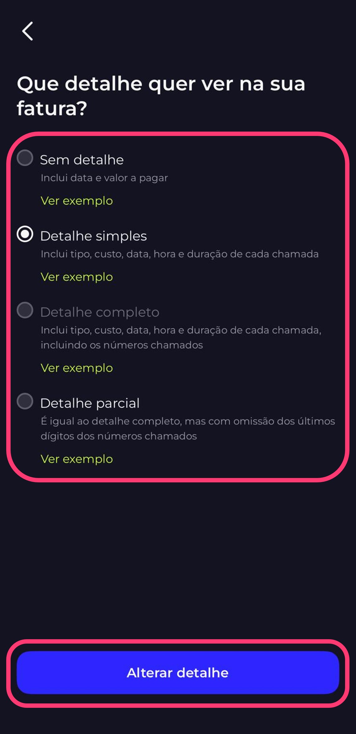 Print da app my MEO para escolher o detalher que quer ver na fatura
