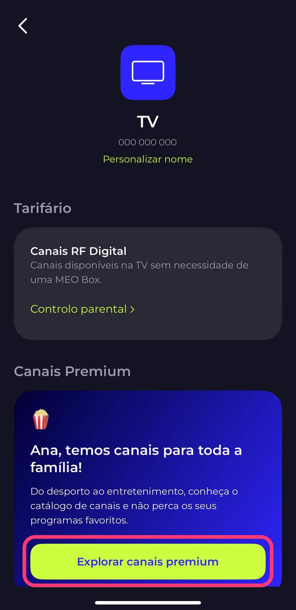 TV service screen in the my MEO app