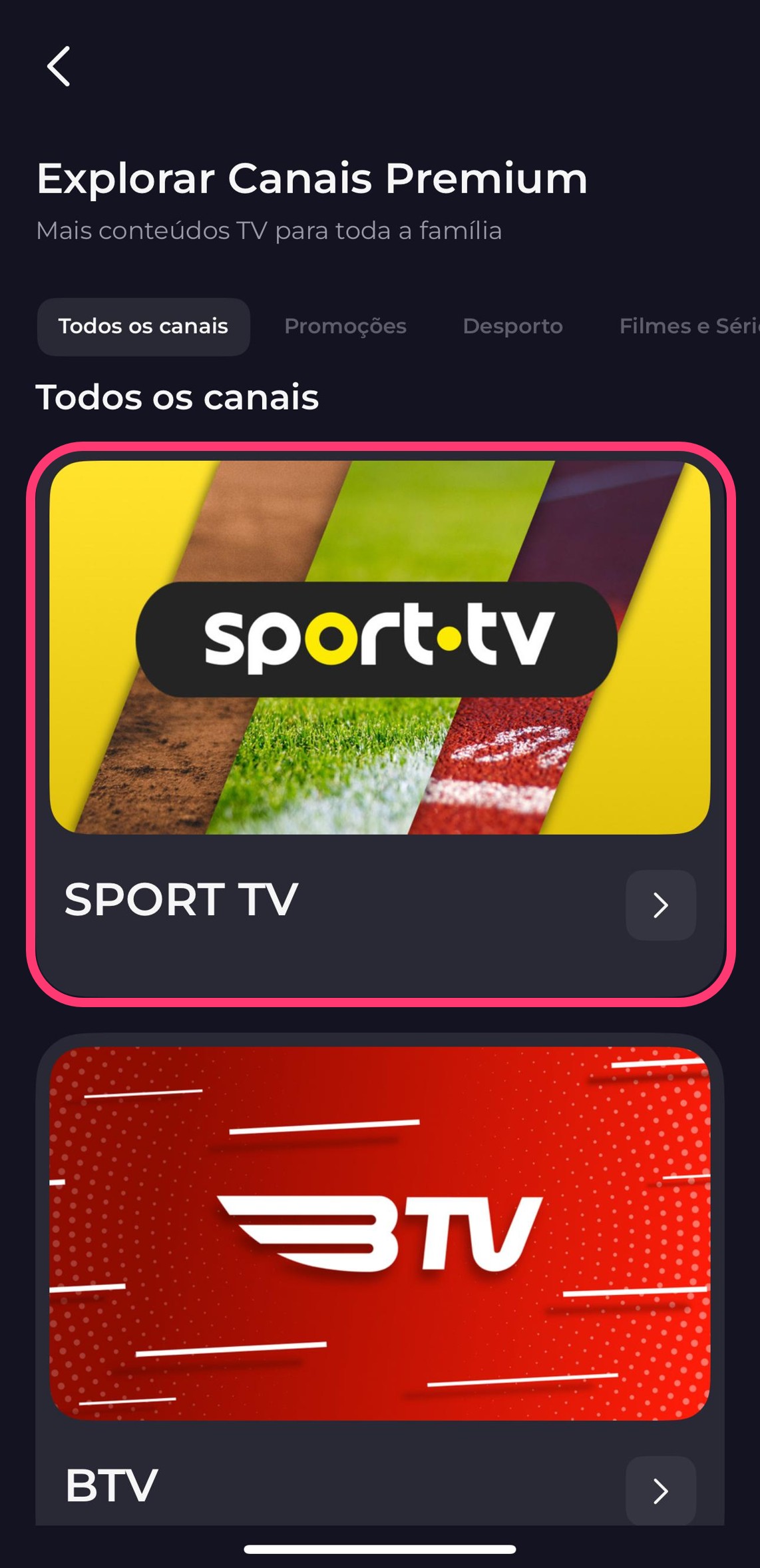 Premium channels screen within the TV service in the my MEO app