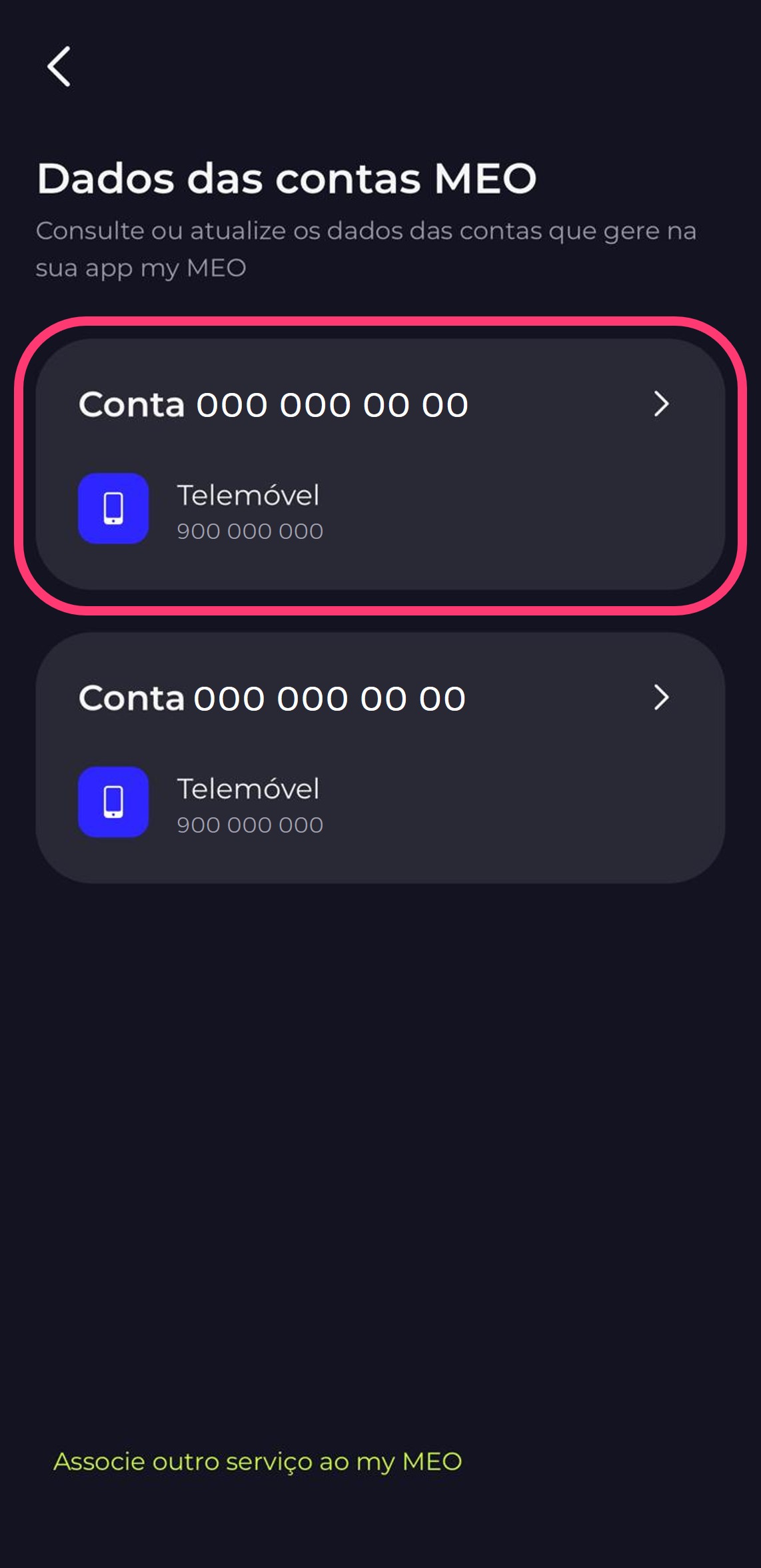 Print da app my MEO dentro das contas MEO