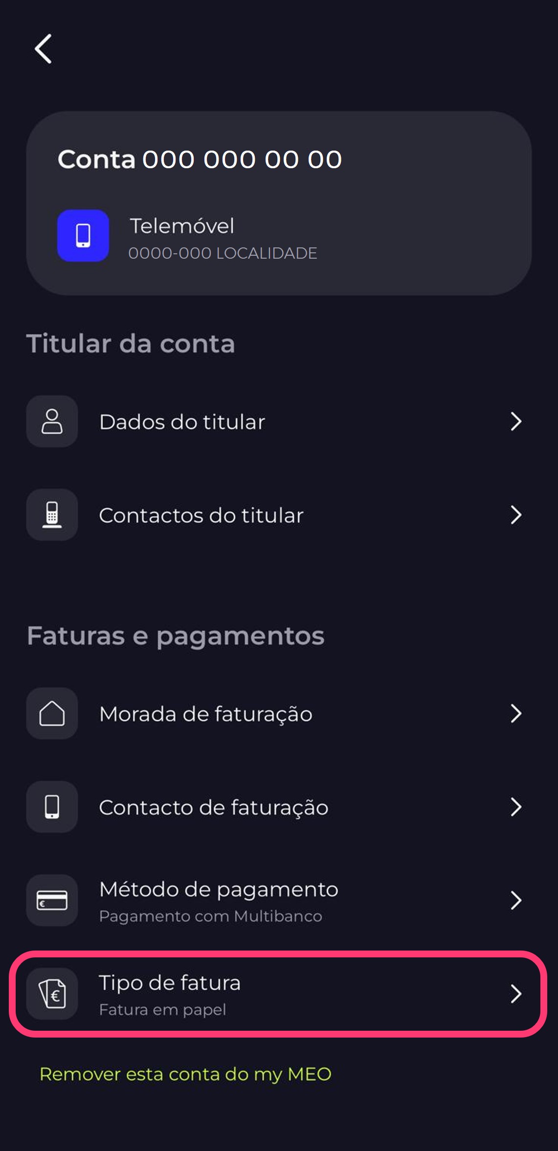 Print da app my MEO dentro dos dados da conta MEO