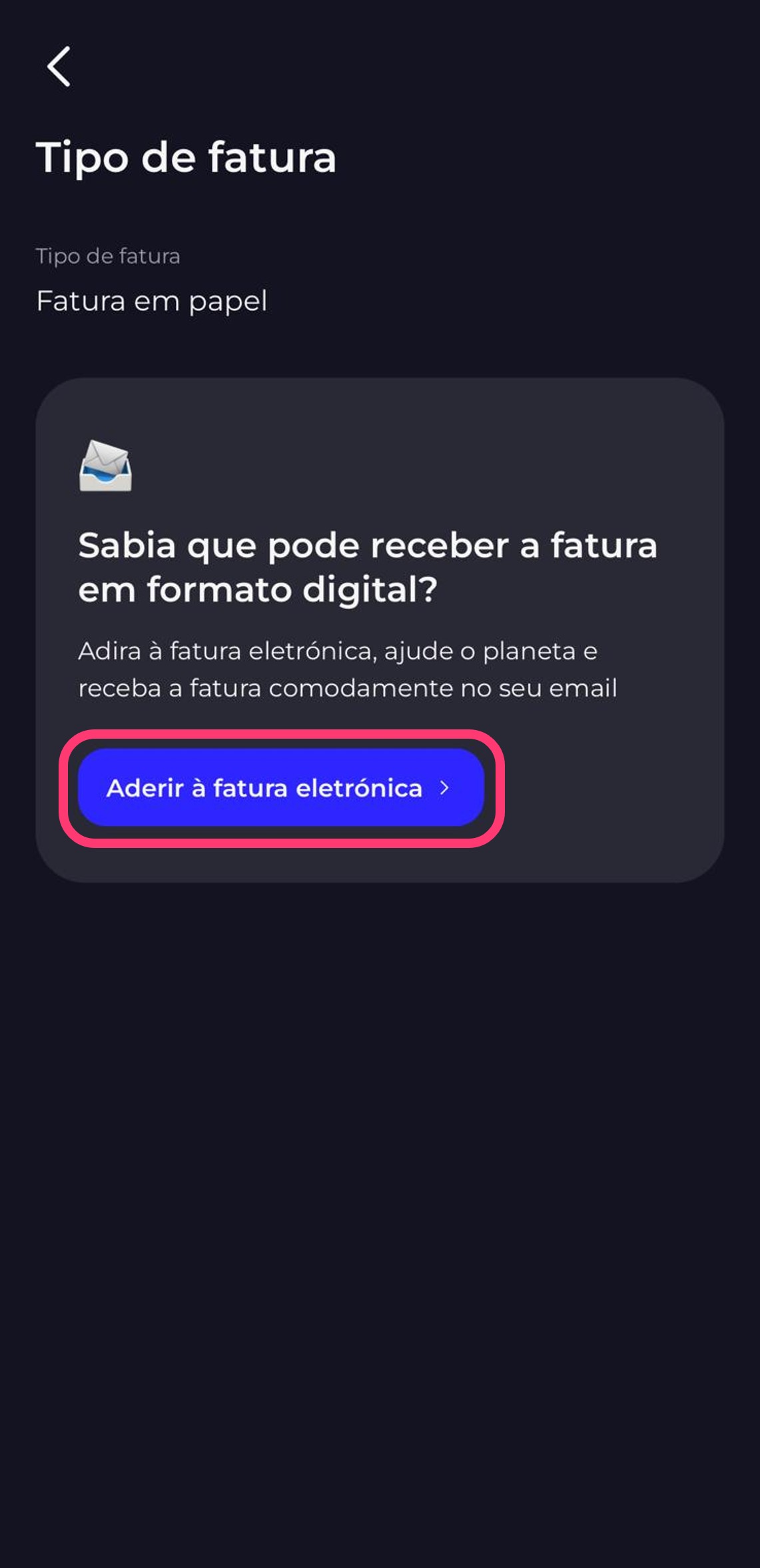 Print da app my MEO dentro do tipo de fatura