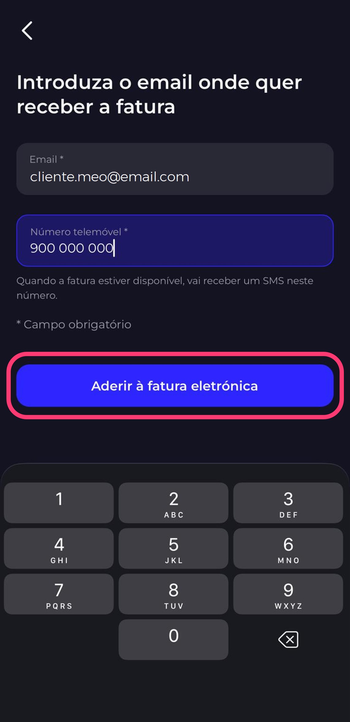 Print da app my MEO com campos para escrever o email onde quer receber a fatura eletrónica