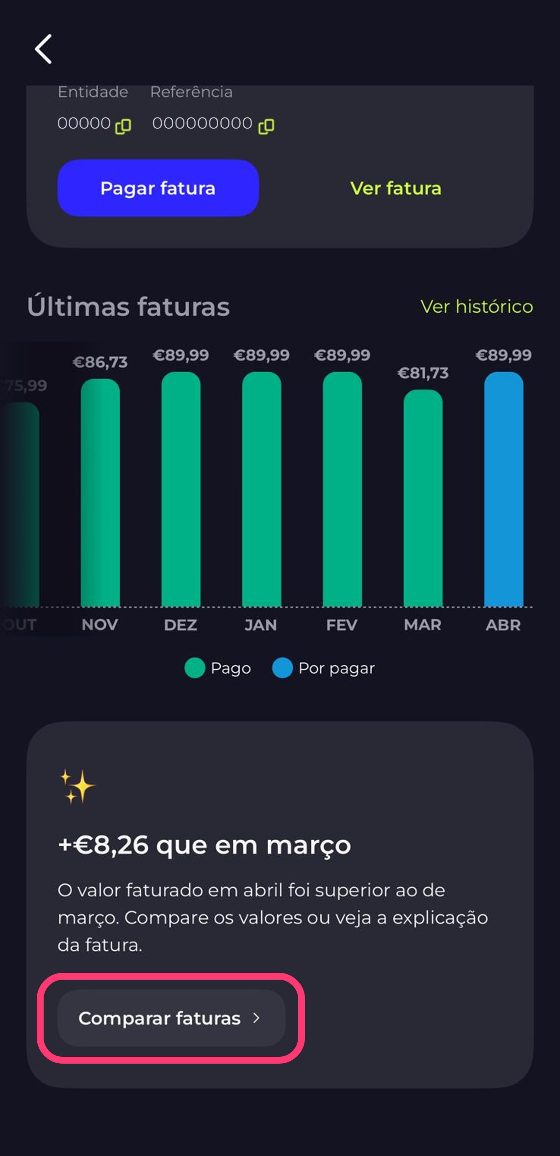 Print da app my MEO dentro do resumo mensal da fatura
