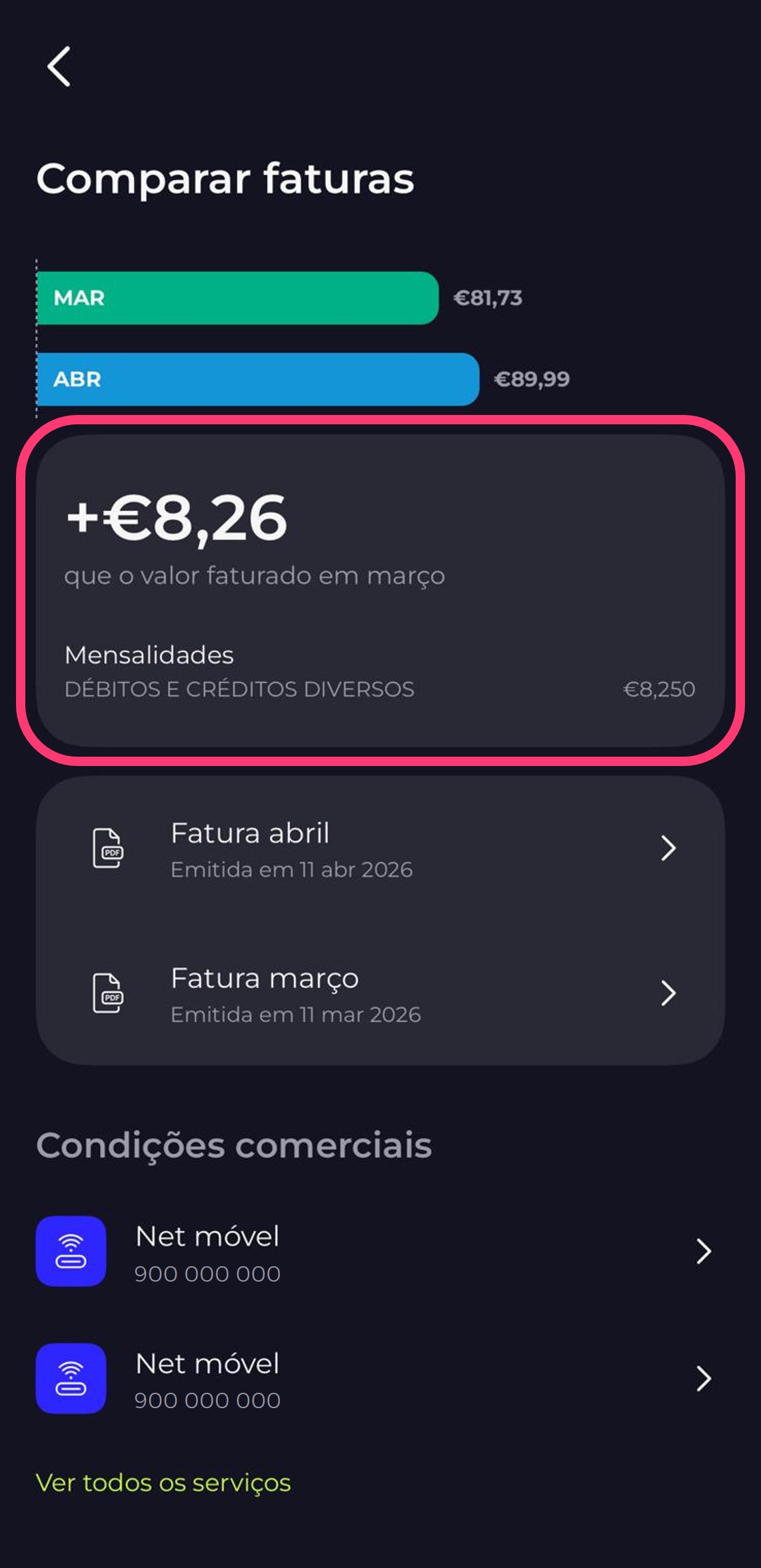 Print da app my MEO dentro do comparador de faturas