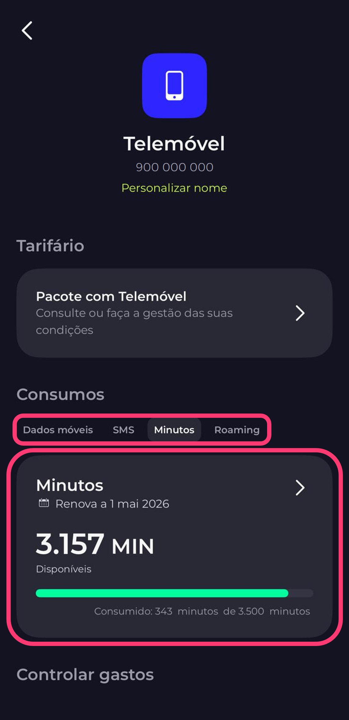 Print da app my MEO dentro dos consumos do telemóvel selecionado
