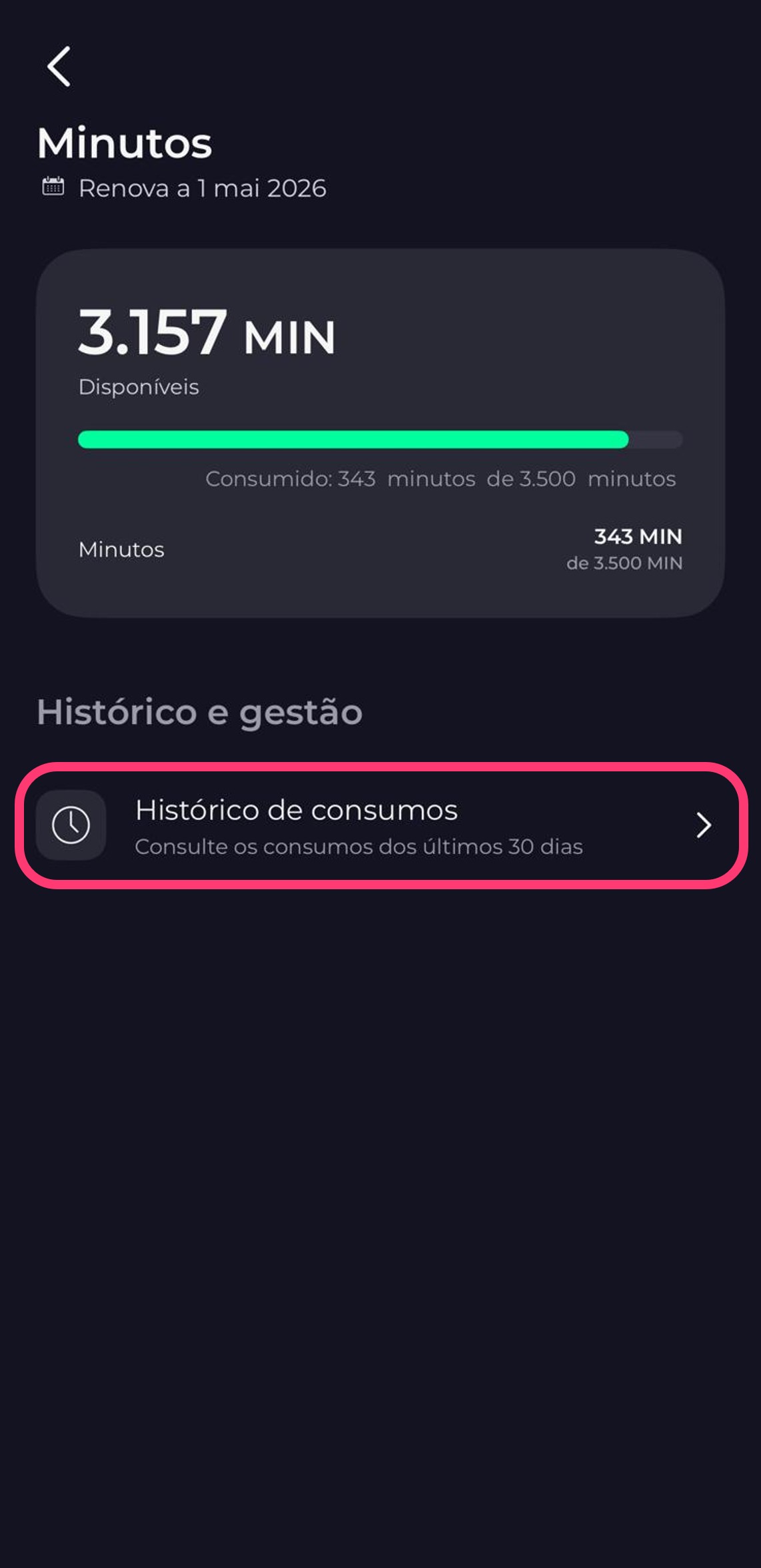 Print da app my MEO dentro dos minutos consumidos do telemóvel selecionado