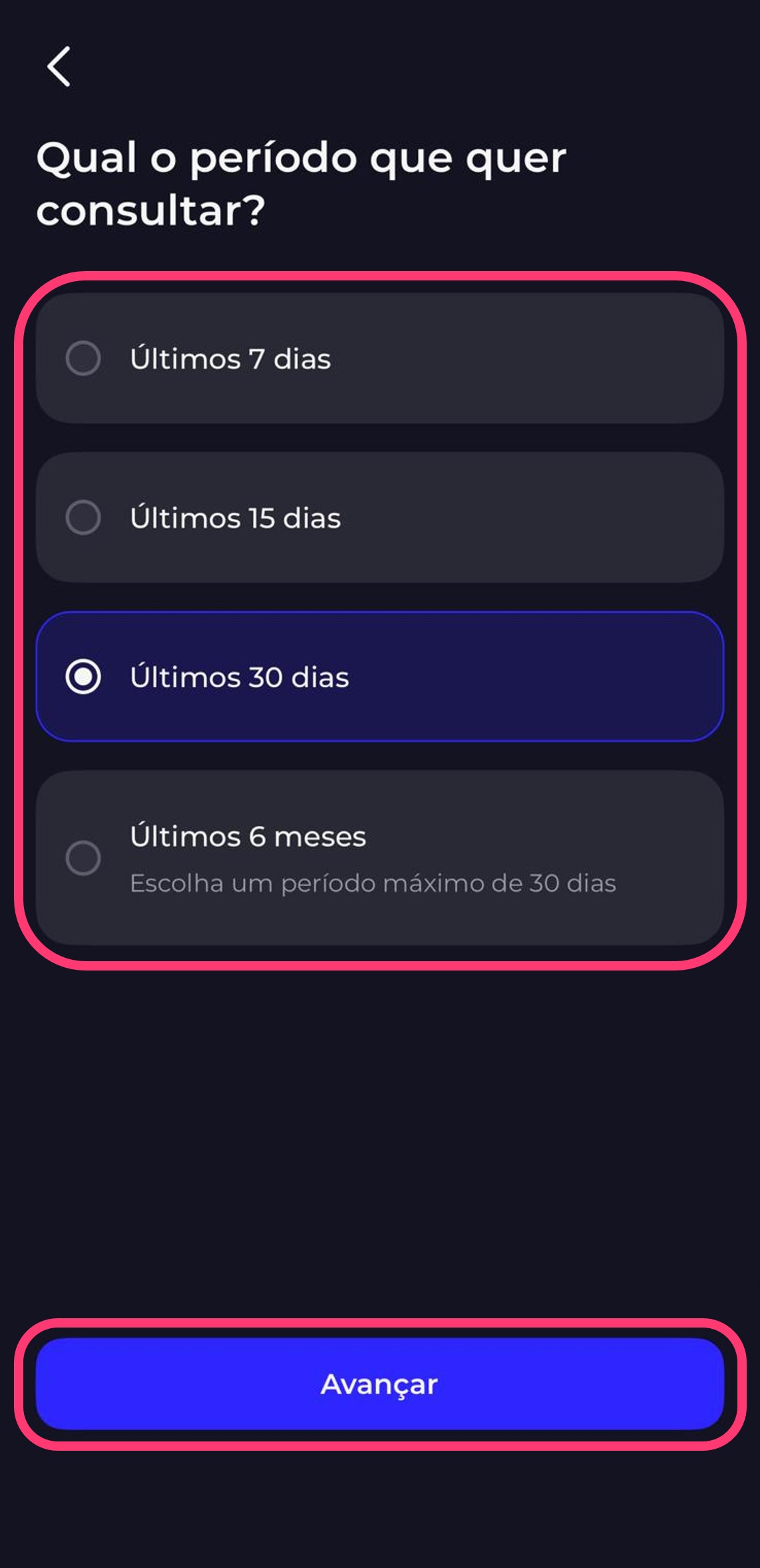 Print da app my MEO para se escolher o período que se quer consultar os minutos consumidos
