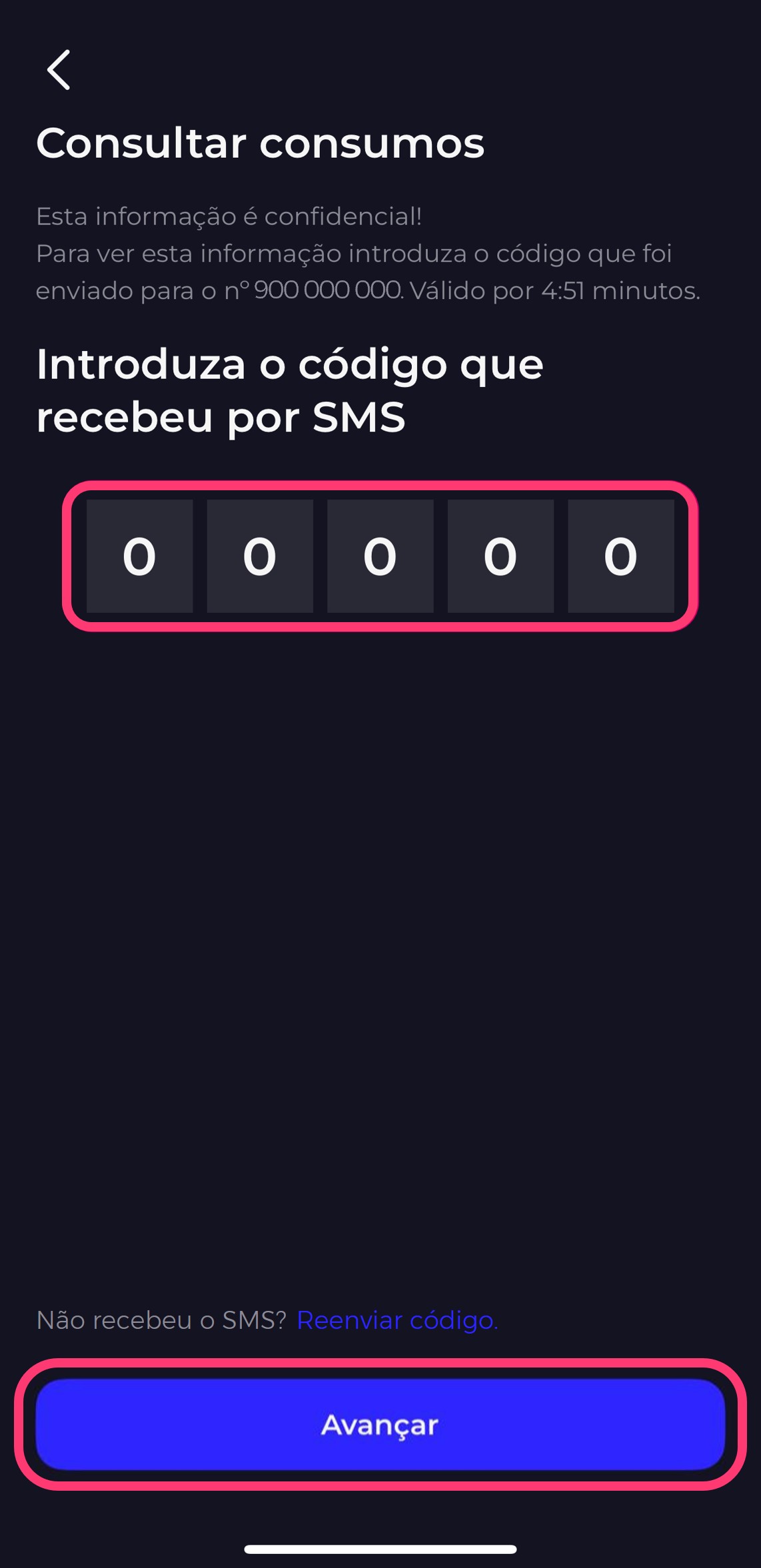 Print da app my MEO dentro da consulta dos consumos onde se escreve o código que recebeu por SMS