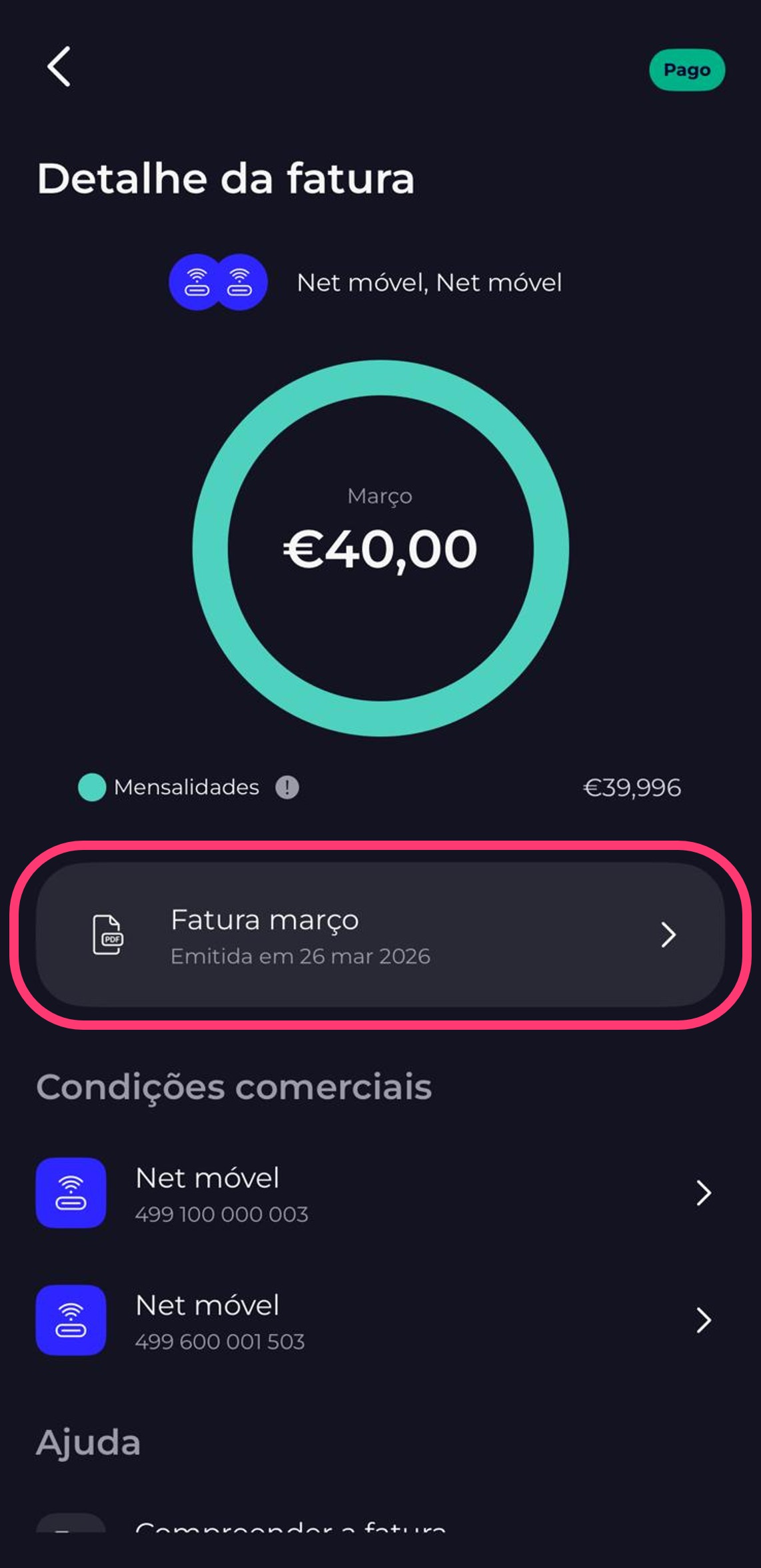 Screenshot from the my MEO app my MEO the invoice details