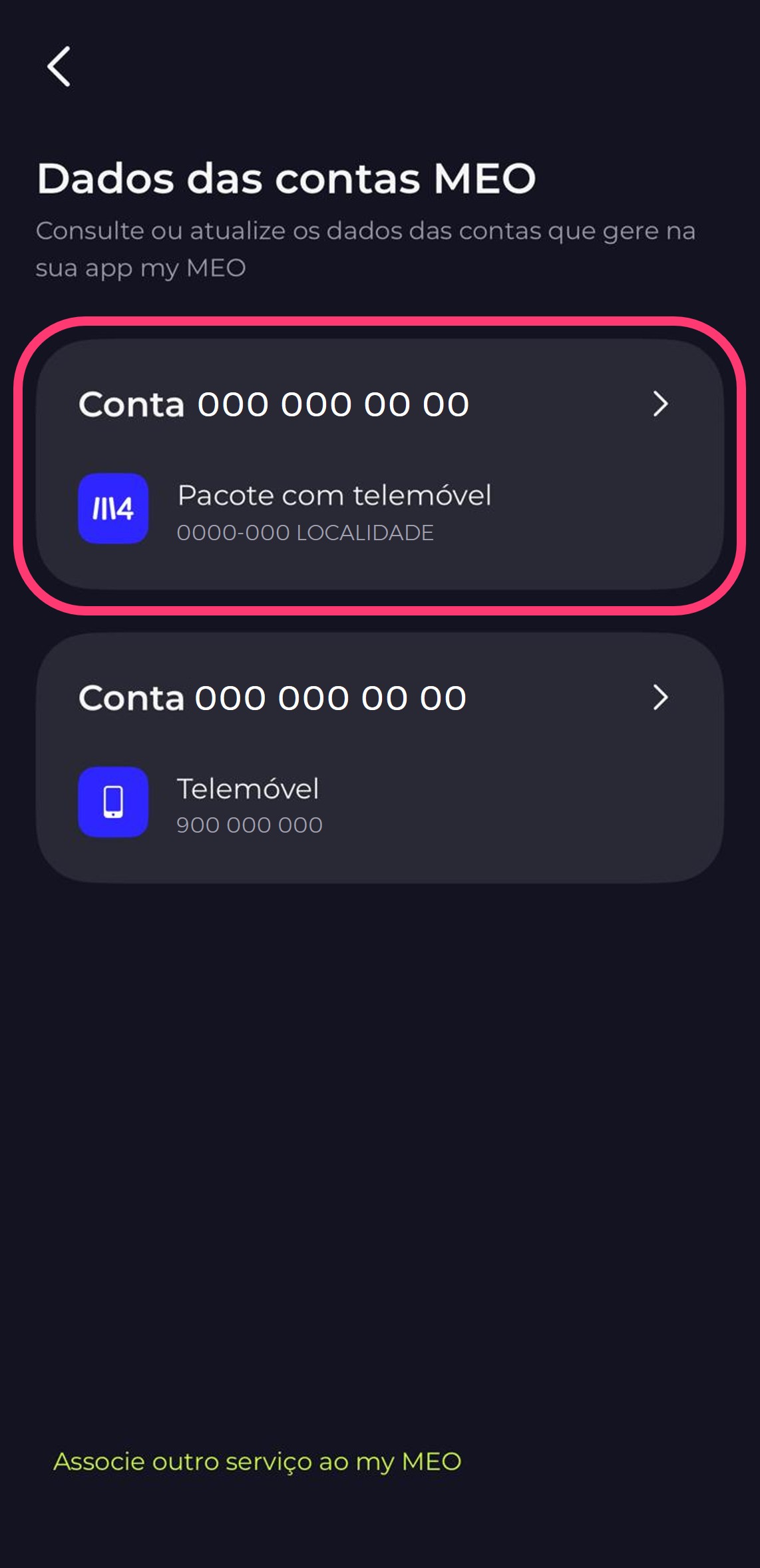 Print da app my MEO dentro dos dados das contas MEO