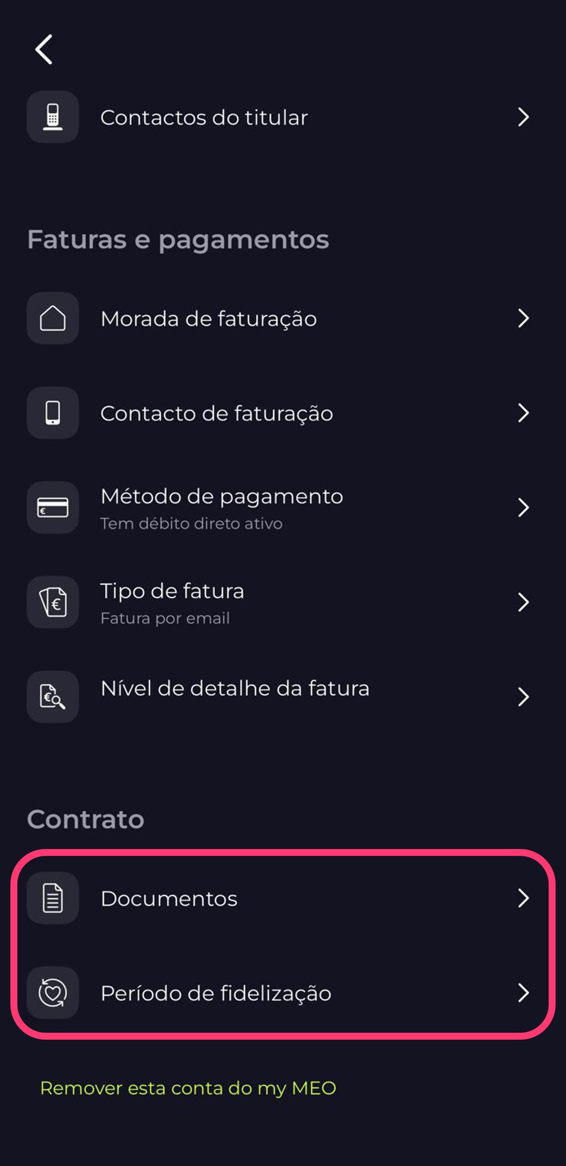 Print da app my MEO dentro da conta escolhida