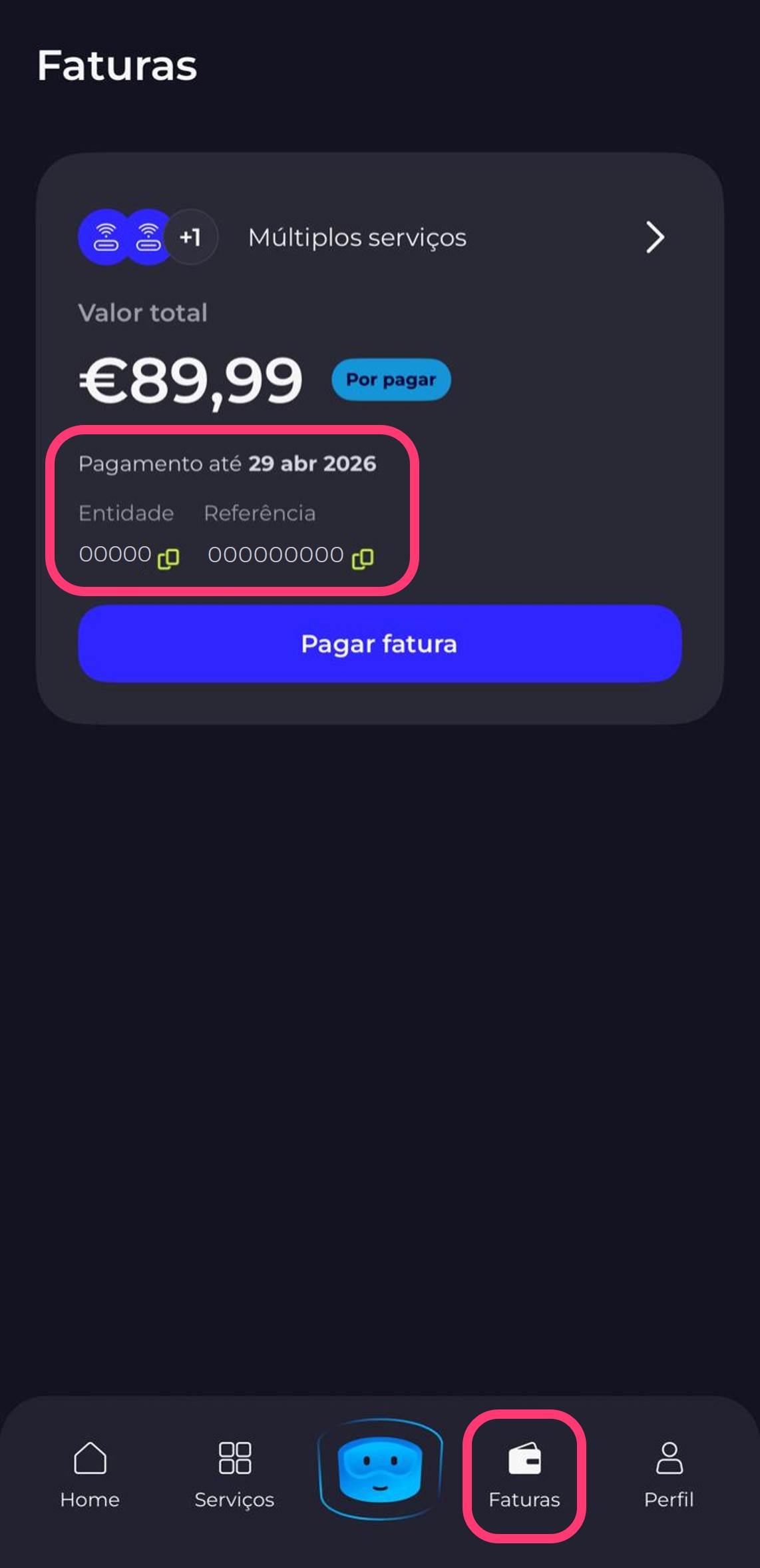 Print da app my MEO dentro das faturas onde mostra os dados para pagamento da fatura