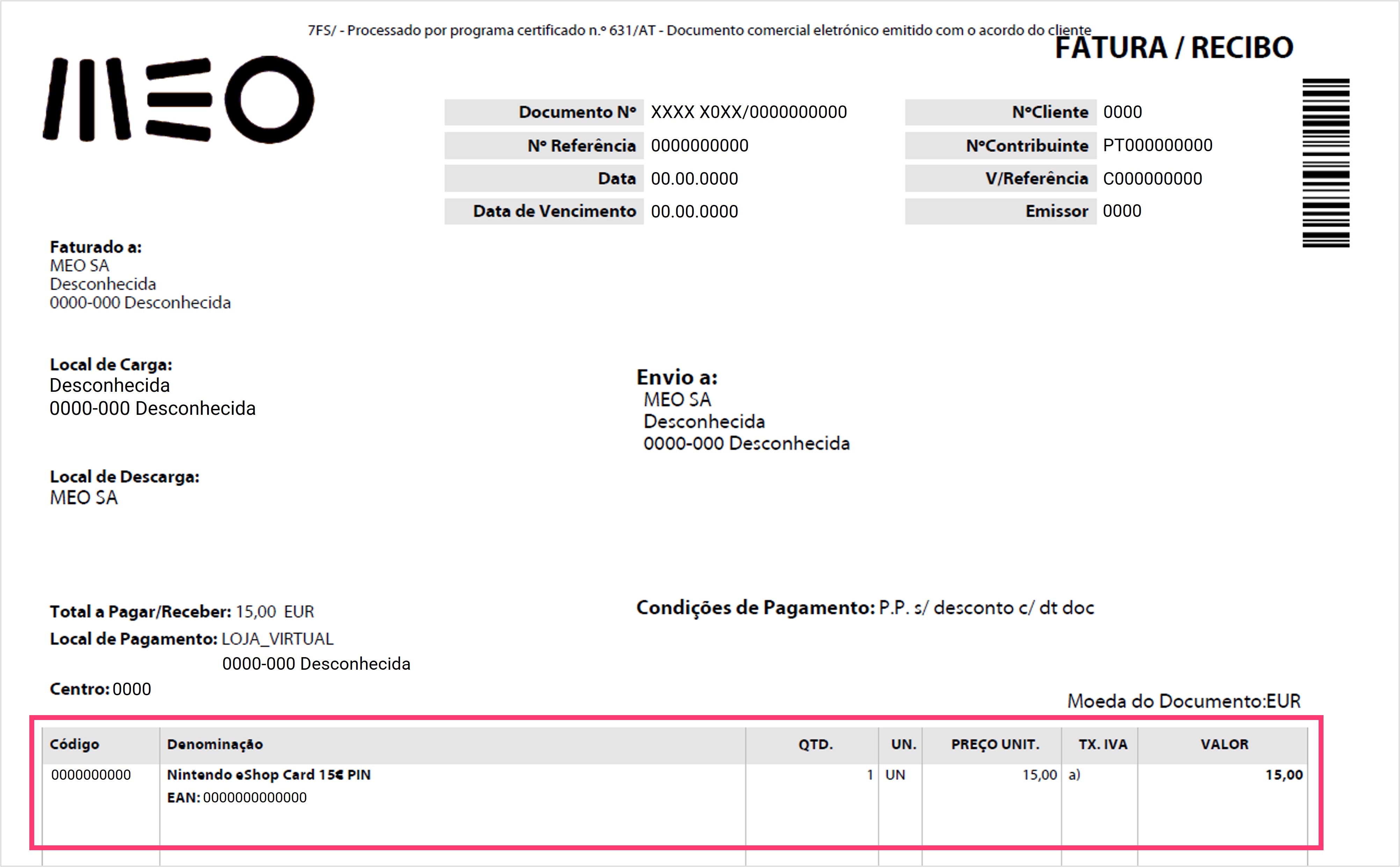 Page 1 of the invoice for the purchase of epay gift cards