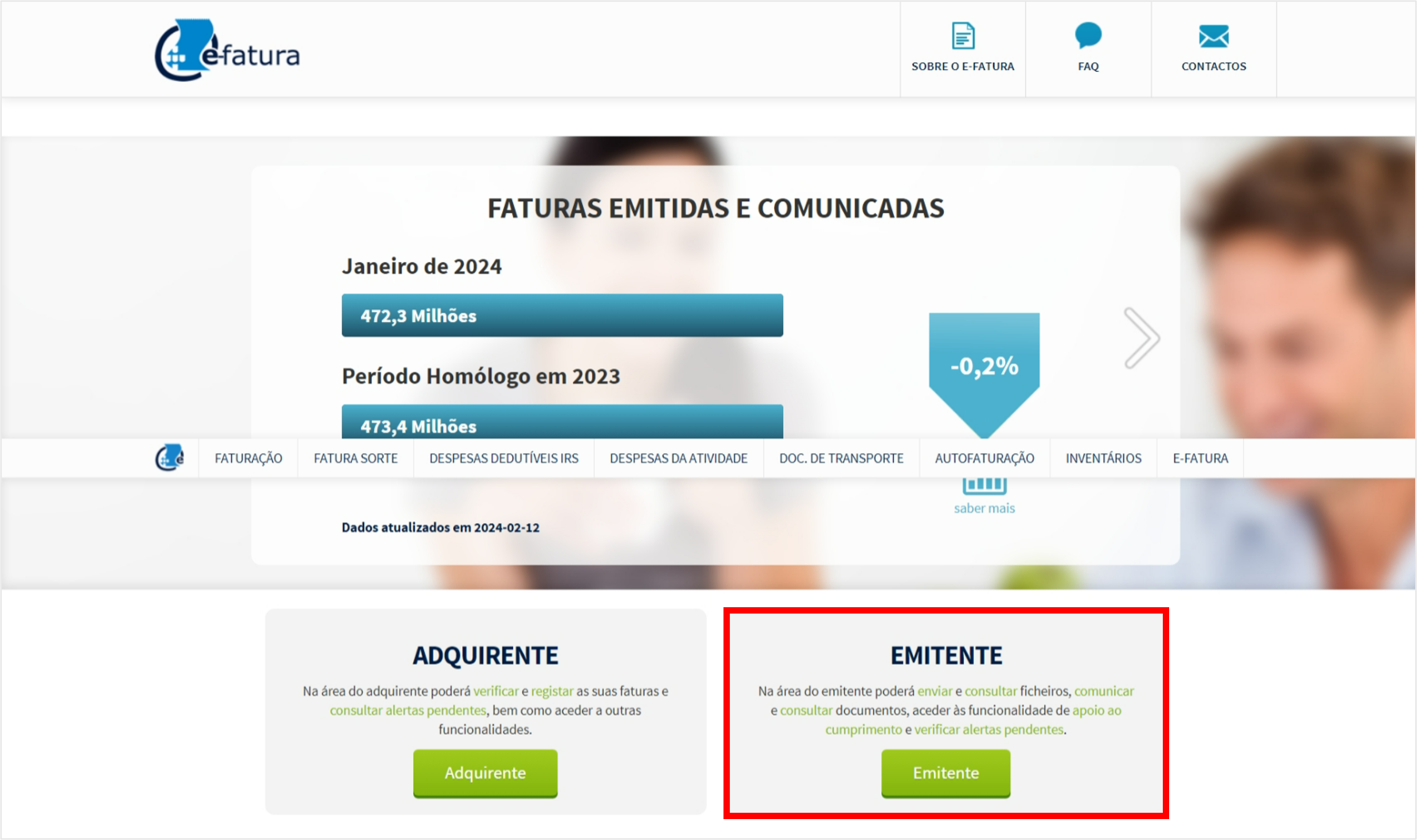 Opções de entrada no site e-faturas