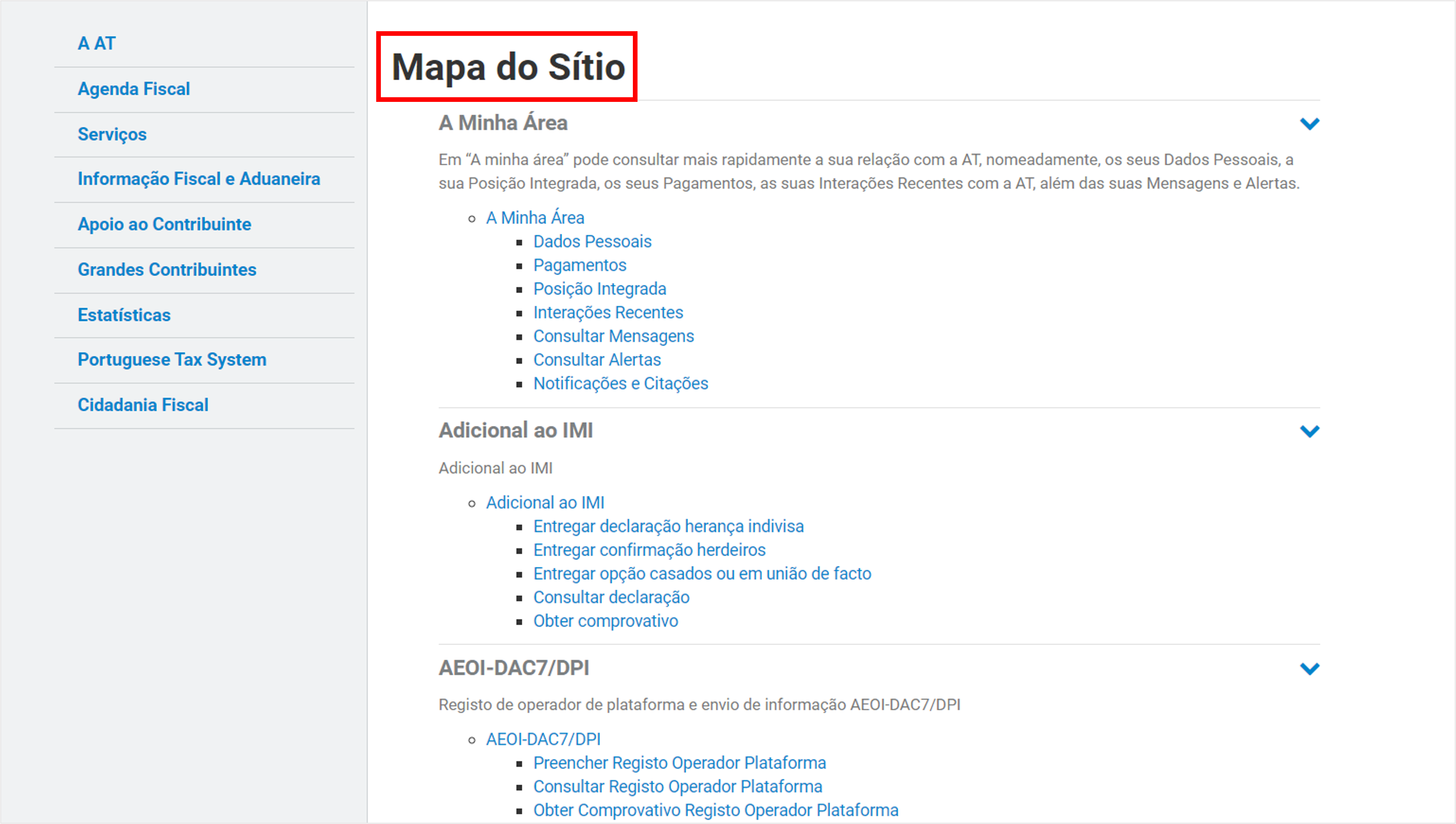 Mapa do site do Portal das Finanças