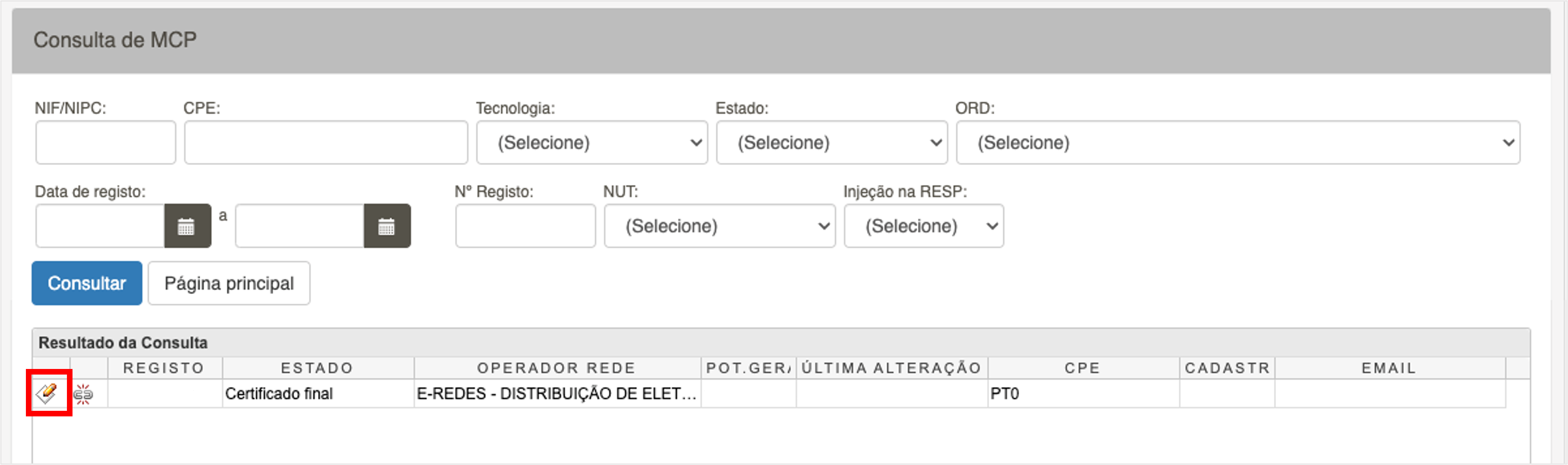Ecrã de consulta de MCP