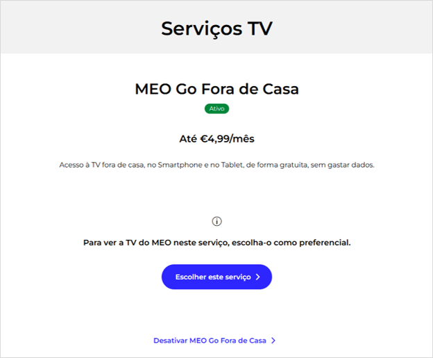 Ecrã do serviço MEO Go para alterar o serviço preferencial na área de cliente my MEO web