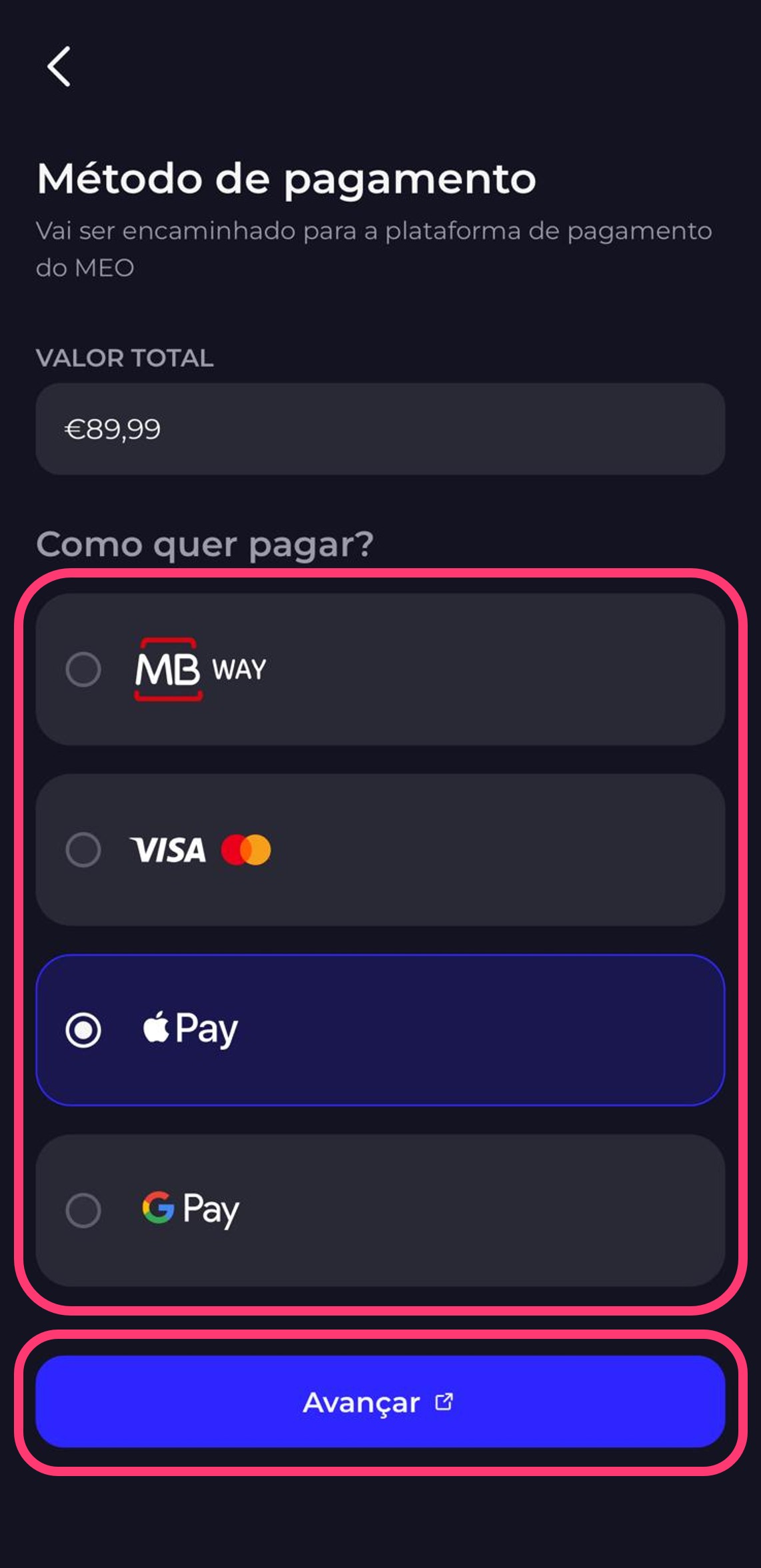 Print da app my MEO dentro da escolha de pagamento da fatura