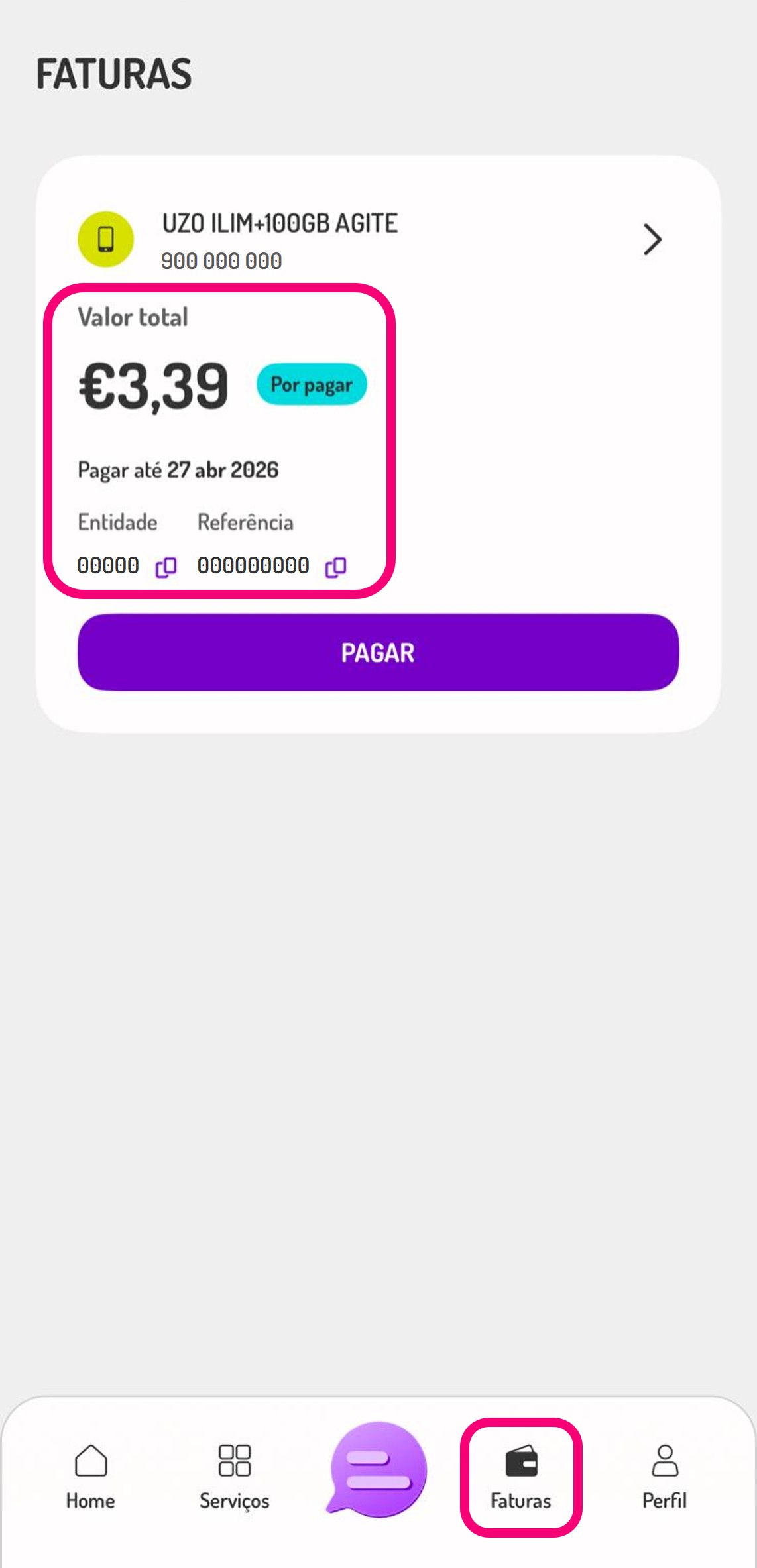 Print da app my UZO dentro das faturas onde mostra os dados para pagamento da fatura