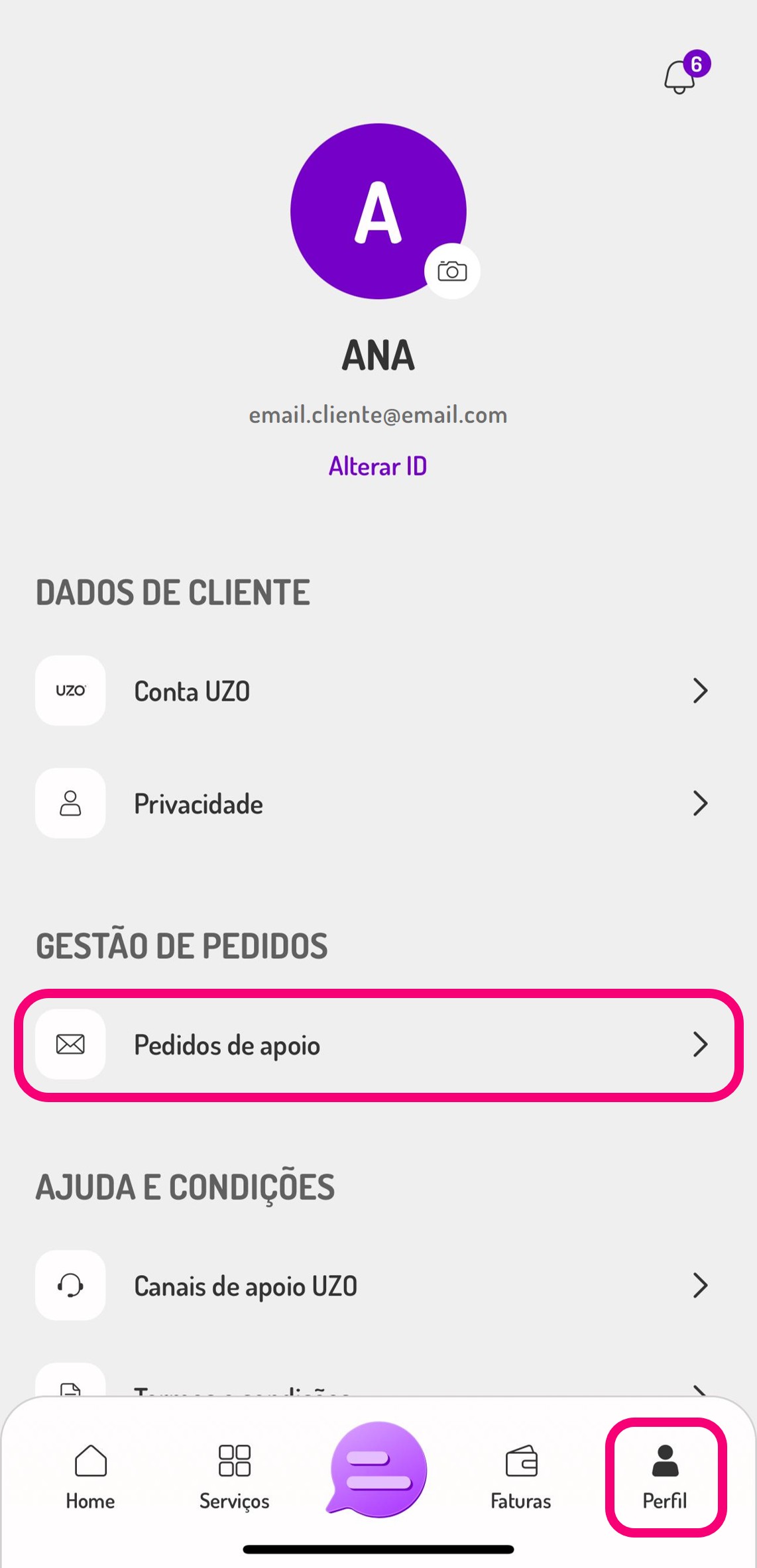 ecrã do perfil a app my UZO