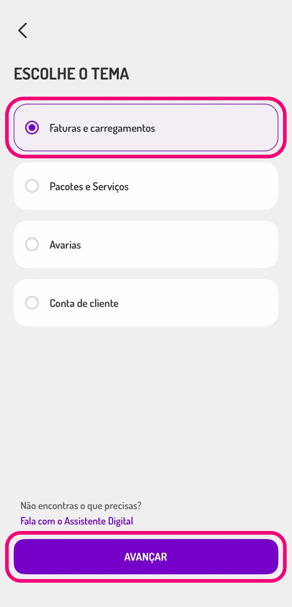 ecrã da app my UZO na escolha do tema para a criação de pedido