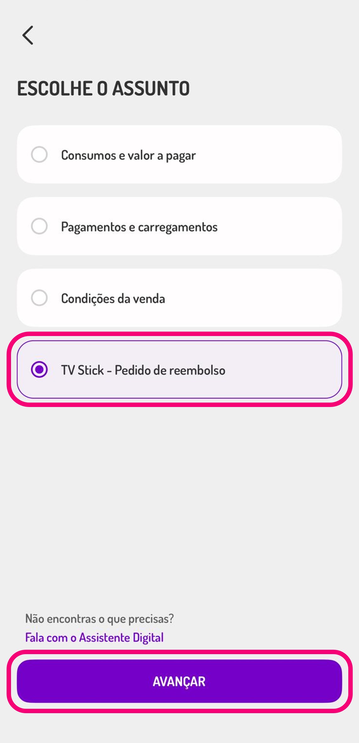 ecrã da app my UZO na escolha do assunto para a criação de pedido