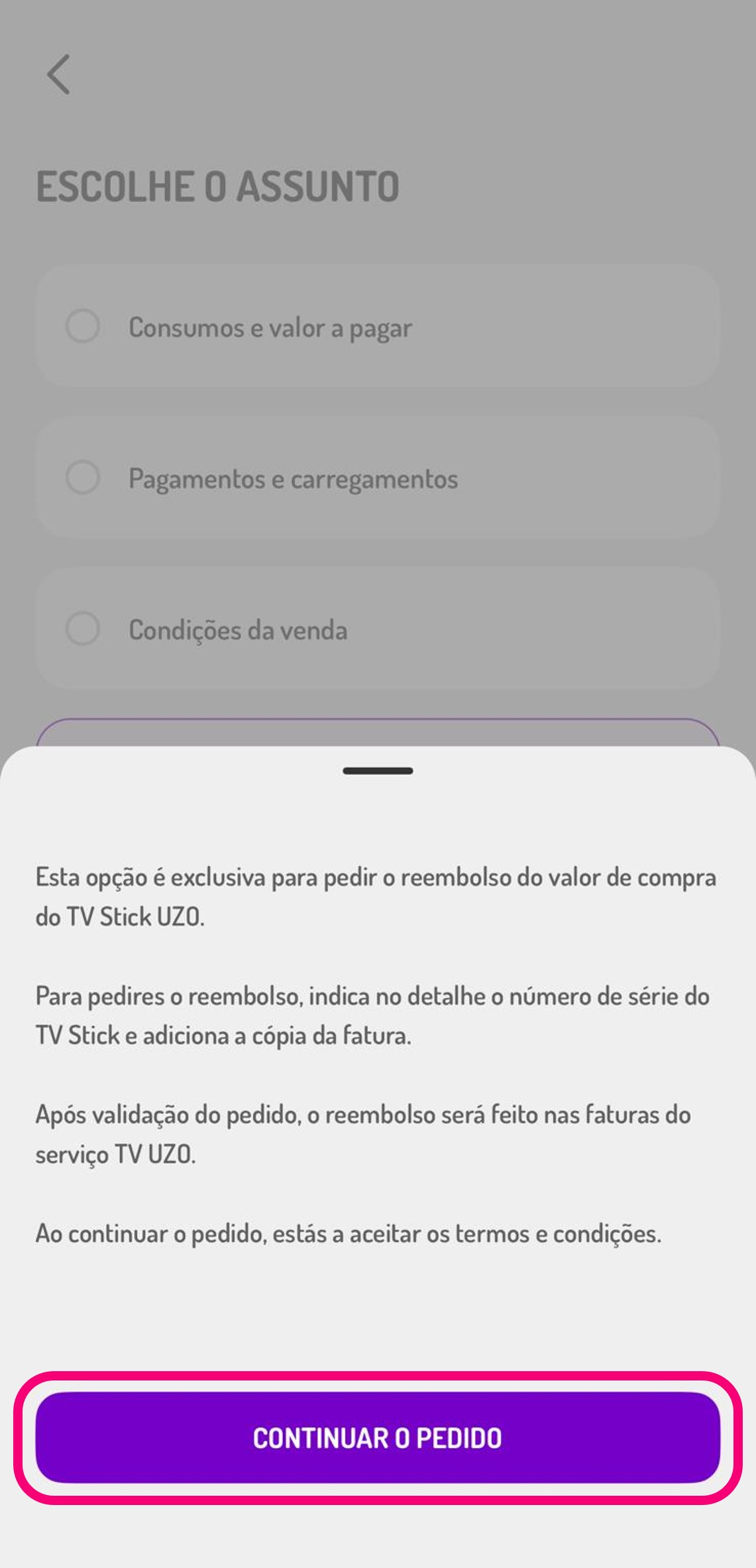 ecrã da app my UZO nas econdições da criação de pedido